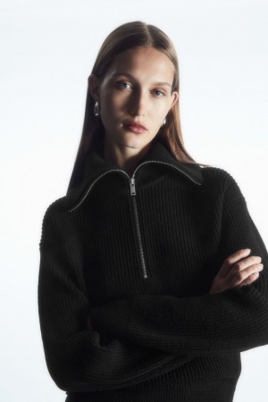 Suéteres COS Lana And Algodon Half-Zip Mujer Negras España Rebajas 354LRVQFN