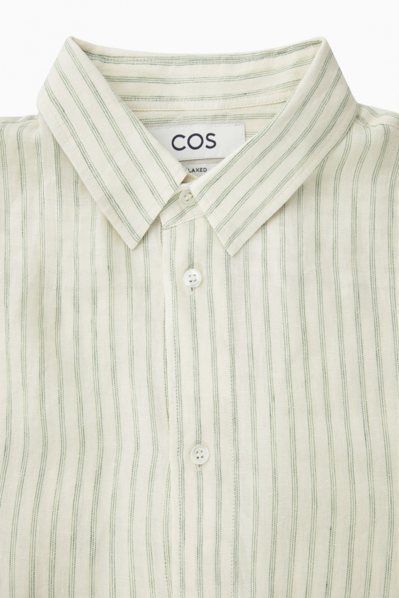 Camisas COS Long-Sleeved A Rayas Linen Hombre Verde Creme España Rebajas 196JQGMRU