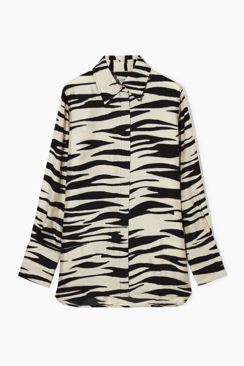 Camisas COS Oversized Zebra-Print Silk Mujer Blancas España Rebajas 309NBFTIU