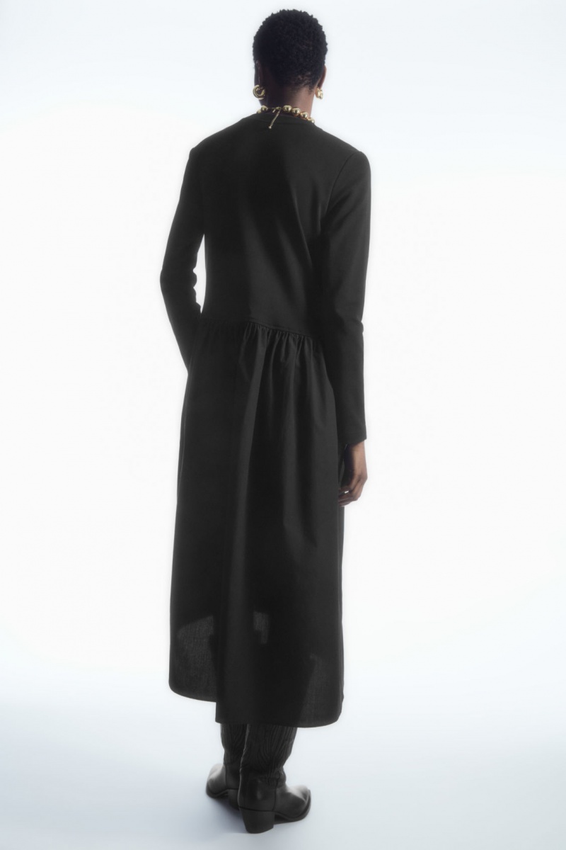 Vestido COS Asymmetric Gathered-Cintura Midi Mujer Negras España Rebajas 087FWJKBO