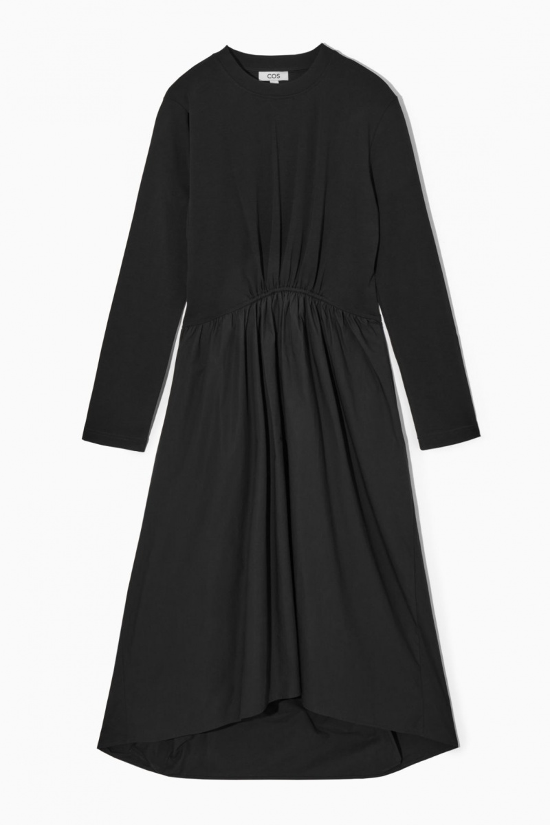 Vestido COS Asymmetric Gathered-Cintura Midi Mujer Negras España Rebajas 087FWJKBO