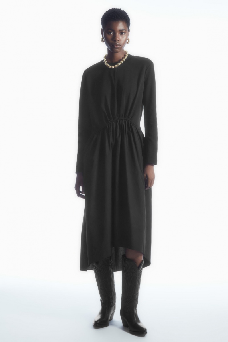 Vestido COS Asymmetric Gathered-Cintura Midi Mujer Negras España Rebajas 087FWJKBO