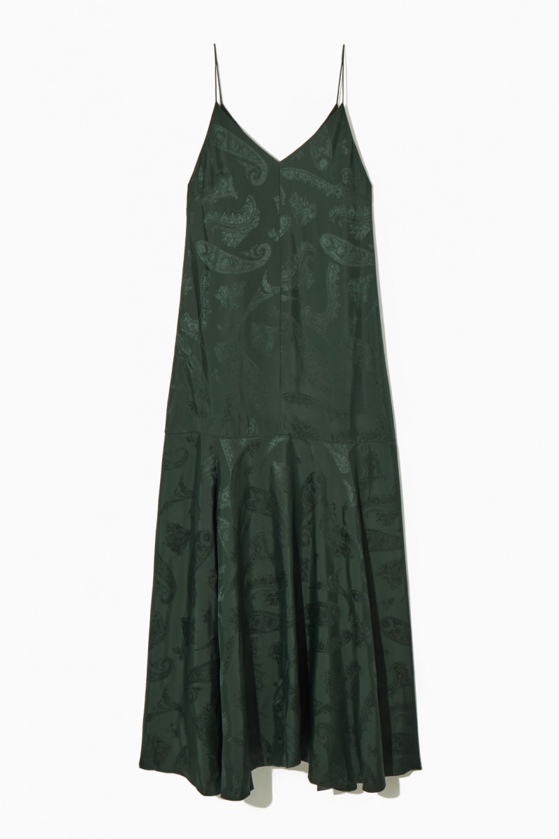 Vestido COS Tiered Paisley-Jacquard Silk Maxi Mujer Verde Oscuro España Rebajas 089UHJTZC